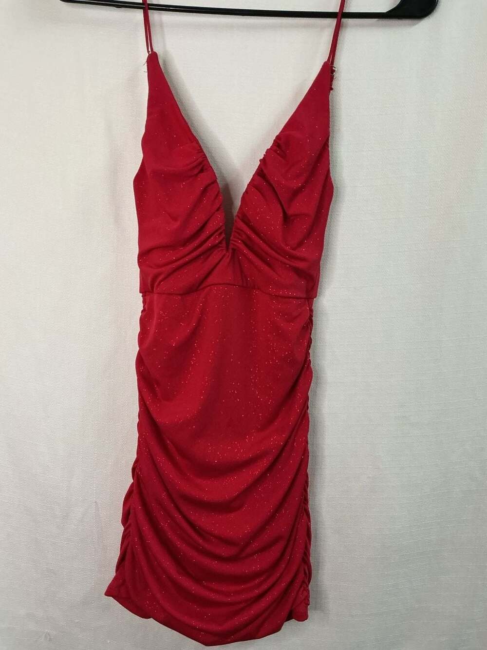Red Glitter Ruched Bodycon Mini Dress